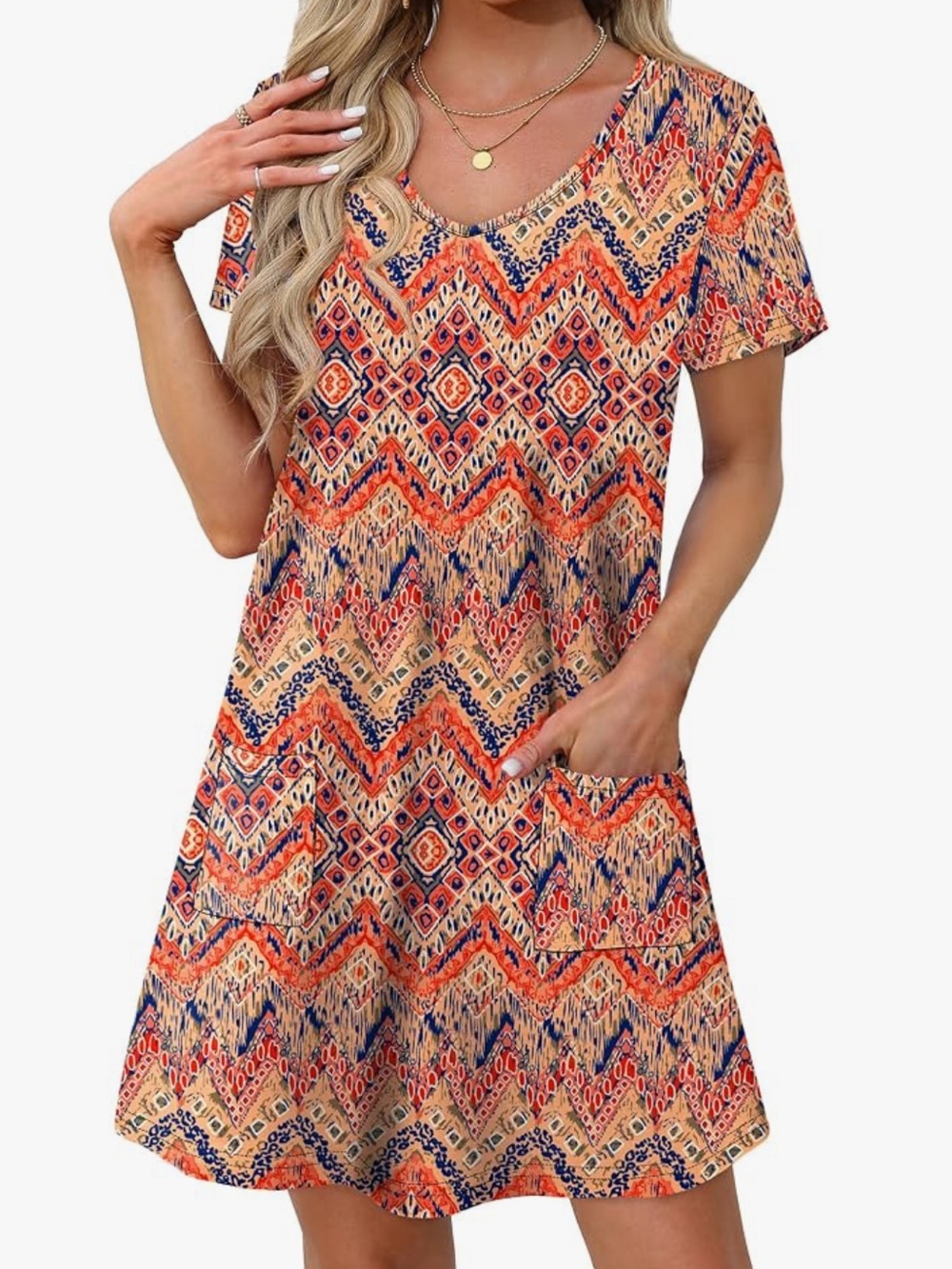 Women's Short-Sleeve V-Neck Patterned T-Shirt Dress in Coral and Navy XL